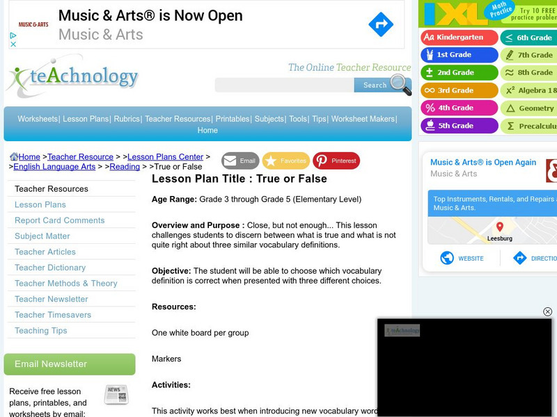 Teachnology: Lesson Plan: True or False Lesson Plan