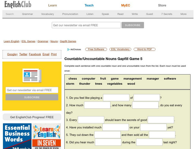 English Club: Countable/uncountable Nouns Gapfill Game 5 Interactive English Club: Countable/uncountable Nouns Gapfill Game 5 Interactive