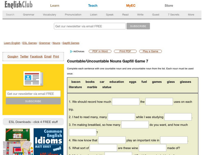 English Club: Countable/uncountable Nouns Gapfill Game 7 Interactive English Club: Countable/uncountable Nouns Gapfill Game 7 Interactive
