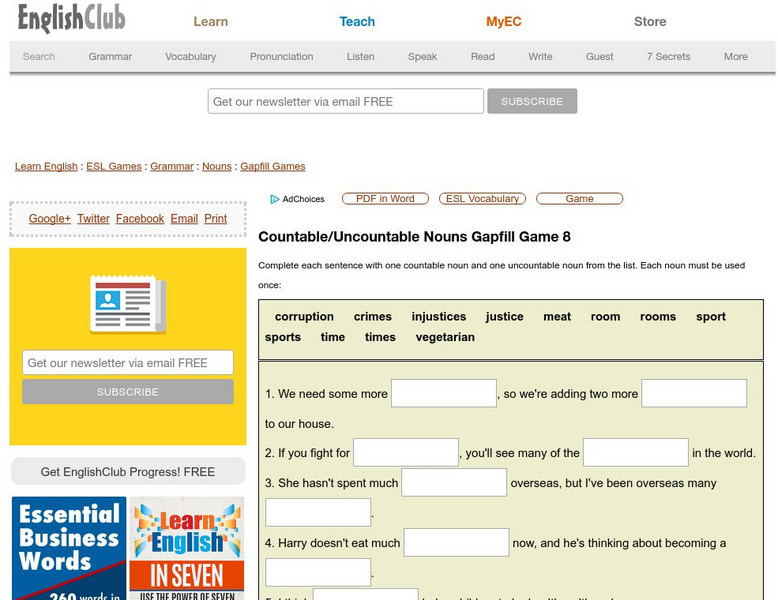 English Club: Countable/uncountable Nouns Gapfill Game 8 Interactive English Club: Countable/uncountable Nouns Gapfill Game 8 Interactive