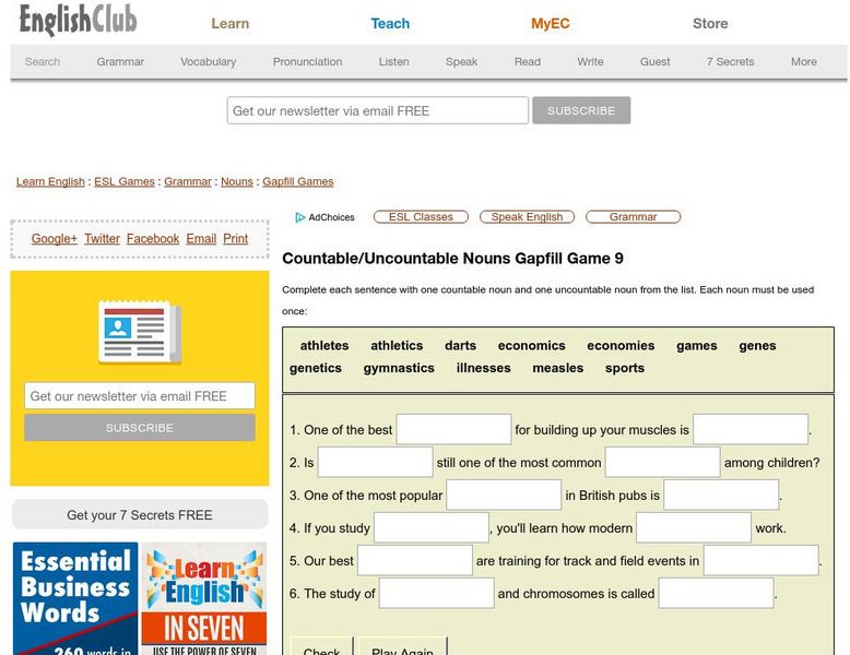 English Club: Countable/uncountable Nouns Gapfill Game 9 Interactive English Club: Countable/uncountable Nouns Gapfill Game 9 Interactive