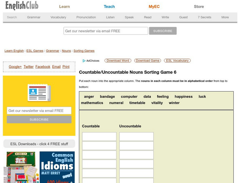 English Club: Countable/uncountable Sorting Game 6 Interactive English Club: Countable/uncountable Sorting Game 6 Interactive