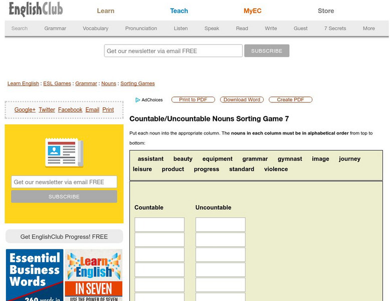 English Club: Countable/uncountable Sorting Game 7 Interactive English Club: Countable/uncountable Sorting Game 7 Interactive
