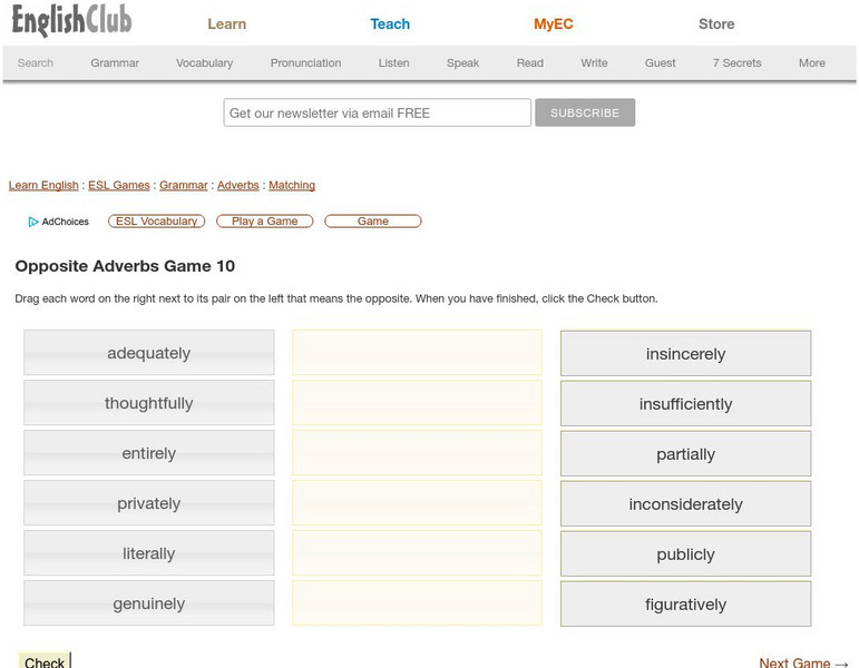 English Club: Opposite Adverbs Game 10 Interactive English Club: Opposite Adverbs Game 10 Interactive