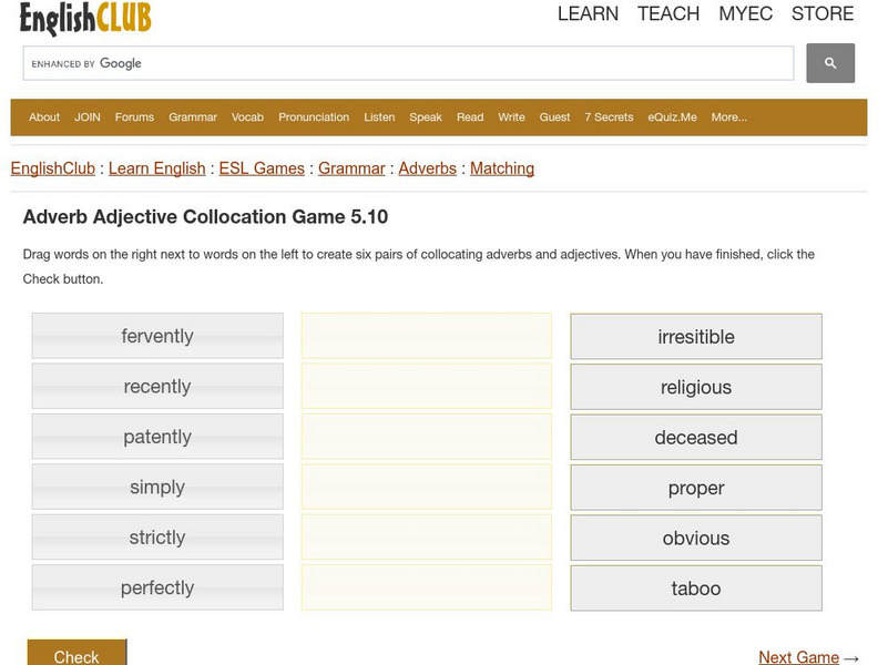 English Club: Esl Games: Adverb Adjective Collocation Game 5.10 Interactive English Club: Esl Games: Adverb Adjective Collocation Game 5.10 Interactive