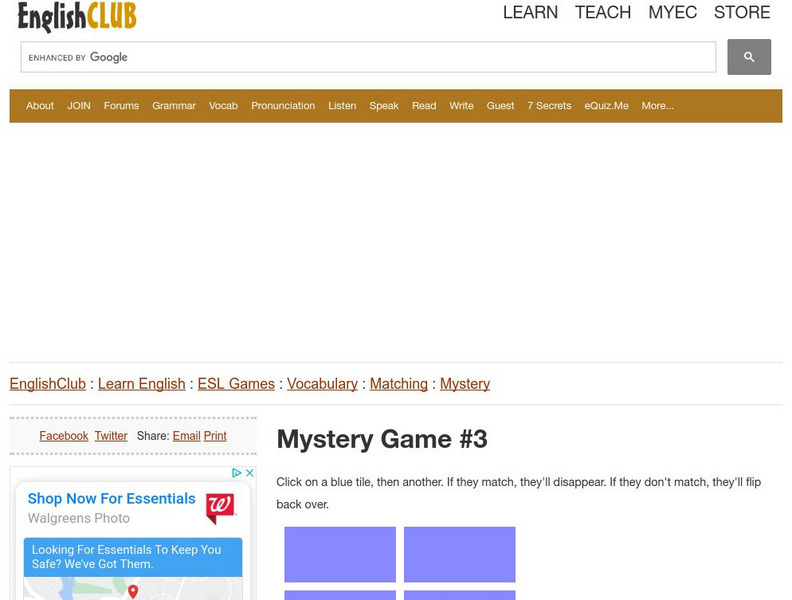 English Club: Esl Games: Vocabulary: Mystery Matches 3 (Lower Intermediate) Interactive English Club: Esl Games: Vocabulary: Mystery Matches 3 (Lower Intermediate) Interactive