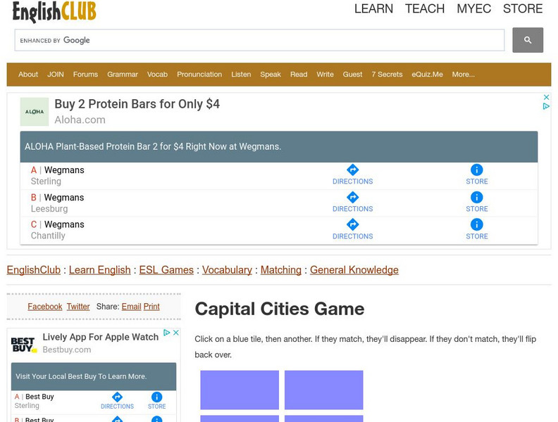 English Club: Esl Games: Matching Games: General Knowledge 1: Capital Cities Interactive