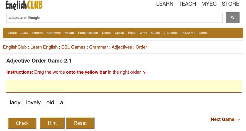 English Club: Esl Games: Grammar: Adjectives: Adjective Order Game 2 Interactive English Club: Esl Games: Grammar: Adjectives: Adjective Order Game 2 Interactive