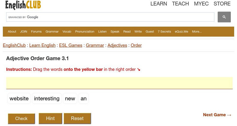 English Club: Esl Games: Grammar: Adjectives: Adjective Order Game 3 Interactive English Club: Esl Games: Grammar: Adjectives: Adjective Order Game 3 Interactive
