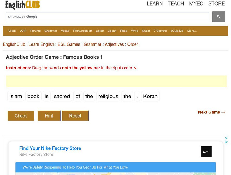 English Club: Esl Games: Grammar: Adjective Order Game: Famous Books Interactive English Club: Esl Games: Grammar: Adjective Order Game: Famous Books Interactive