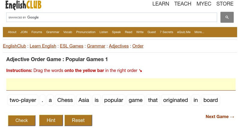 English Club: Esl Games: Grammar: Adjective Order Game: Popular Games Interactive English Club: Esl Games: Grammar: Adjective Order Game: Popular Games Interactive