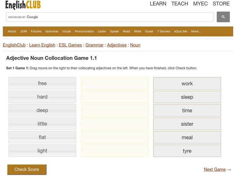 English Club: Esl Games: Grammar: Matching Adjectives Noun Collocation Game 1 Interactive English Club: Esl Games: Grammar: Matching Adjectives Noun Collocation Game 1 Interactive