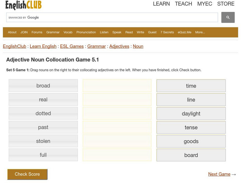 English Club: Esl Games: Grammar: Matching Adjectives Noun Collocation Game 5 Interactive English Club: Esl Games: Grammar: Matching Adjectives Noun Collocation Game 5 Interactive