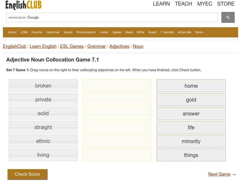 English Club: Esl Games: Grammar: Matching Adjectives Noun Collocation Game 7 Interactive English Club: Esl Games: Grammar: Matching Adjectives Noun Collocation Game 7 Interactive