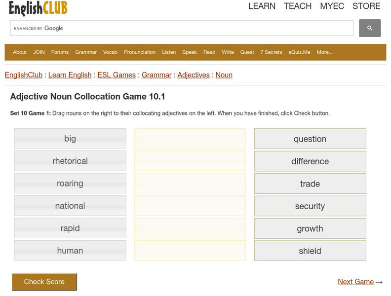 English Club: Esl Games: Grammar: Matching Adjectives Noun Collocation Game 10 Interactive English Club: Esl Games: Grammar: Matching Adjectives Noun Collocation Game 10 Interactive