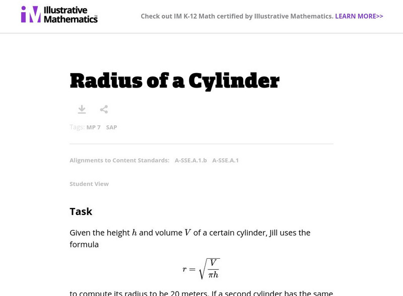 Illustrative Mathematics: A Sse Radius of a Cylinder Lesson Plan