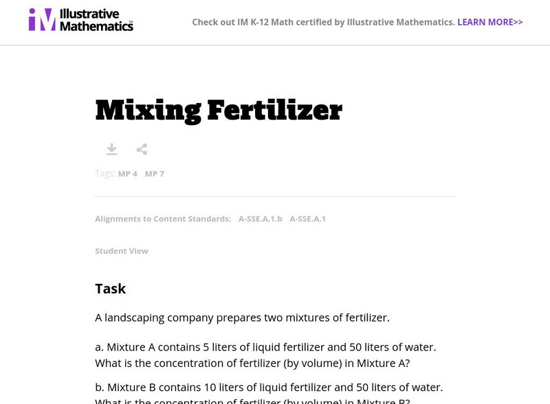Illustrative Mathematics: A Sse Mixing Fertilizer Lesson Plan Illustrative Mathematics: A Sse Mixing Fertilizer Lesson Plan