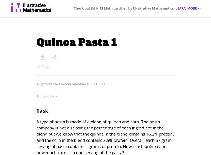 Illustrative Mathematics: 8.ee Quinoa Pasta 1 Lesson Plan Illustrative Mathematics: 8.ee Quinoa Pasta 1 Lesson Plan