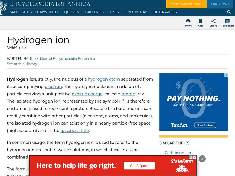 Encyclopedia Britannica: Hydrogen Ion Handout Encyclopedia Britannica: Hydrogen Ion Handout