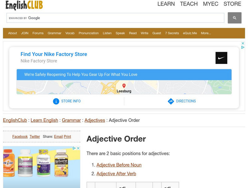English Club: Learn English: Grammar: Grammar Quizzes: Adjective Order Quiz Handout English Club: Learn English: Grammar: Grammar Quizzes: Adjective Order Quiz Handout