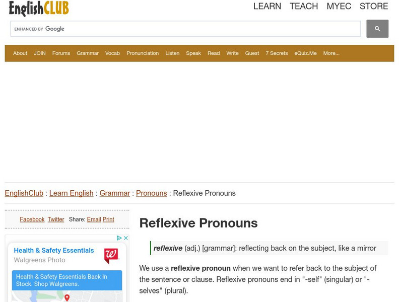 English Club: Learn English: Grammar: Pronouns: Reflexive Pronouns Handout English Club: Learn English: Grammar: Pronouns: Reflexive Pronouns Handout