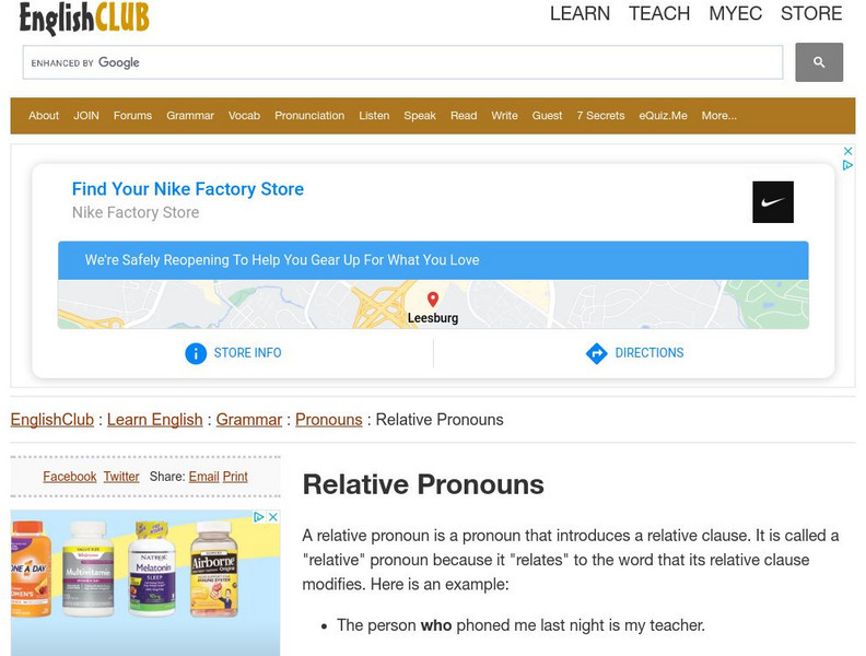 English Club: Learn English: Grammar: Pronouns: Relative Pronouns Handout English Club: Learn English: Grammar: Pronouns: Relative Pronouns Handout