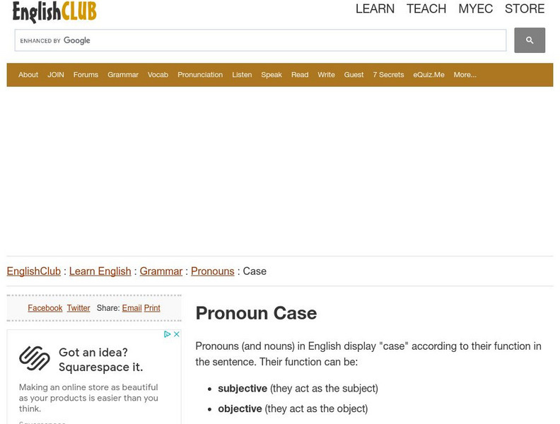 English Club: Learn English: Grammar: Pronouns: Pronoun Case Handout English Club: Learn English: Grammar: Pronouns: Pronoun Case Handout