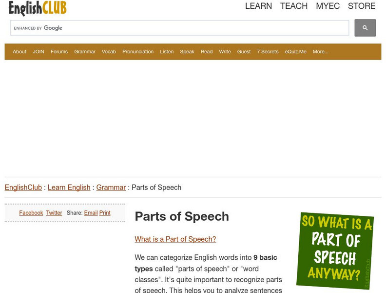 English Club: Learn English: Grammar: Parts of Speech Handout English Club: Learn English: Grammar: Parts of Speech Handout