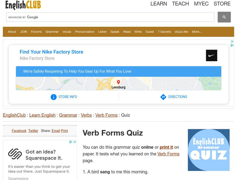 English Club: Learn English: Grammar: Verbs: Verb Forms Quiz Unknown Type English Club: Learn English: Grammar: Verbs: Verb Forms Quiz Unknown Type