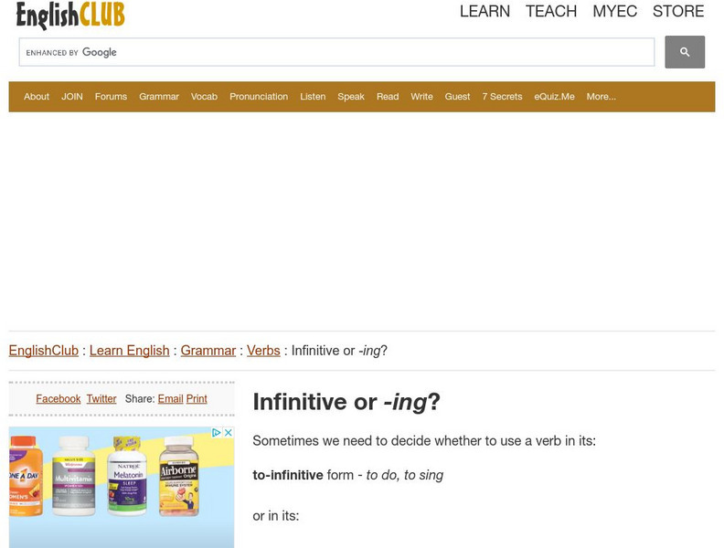 English Club: Learn English: Grammar: Verbs: Infinitive or Ing? Handout English Club: Learn English: Grammar: Verbs: Infinitive or Ing? Handout