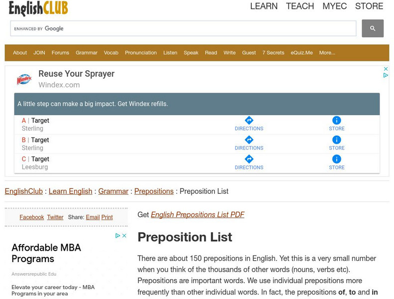 English Club: Learn English: Grammar: Preposition List Handout English Club: Learn English: Grammar: Preposition List Handout