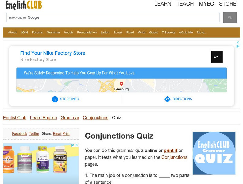 English Club: Learn English: Grammar: Conjunctions: Conjunctions Quiz Unknown Type English Club: Learn English: Grammar: Conjunctions: Conjunctions Quiz Unknown Type