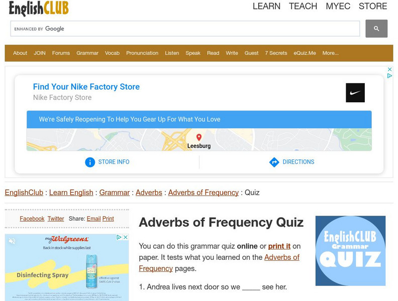 English Club: Learn English: Grammar: Adverbs: Adverbs of Frequency Quiz Unknown Type English Club: Learn English: Grammar: Adverbs: Adverbs of Frequency Quiz Unknown Type