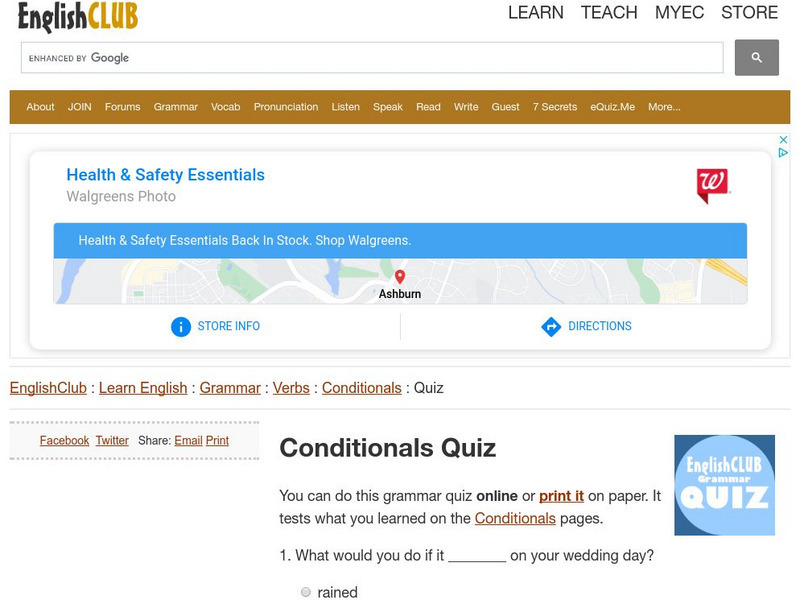 English Club: Learn English: Grammar: Verbs: Conditionals Quiz Unknown Type English Club: Learn English: Grammar: Verbs: Conditionals Quiz Unknown Type