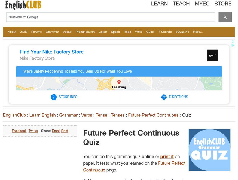 English Club: Learn English: Grammar: Verbs: Future Perfect Continuous Quiz Unknown Type English Club: Learn English: Grammar: Verbs: Future Perfect Continuous Quiz Unknown Type