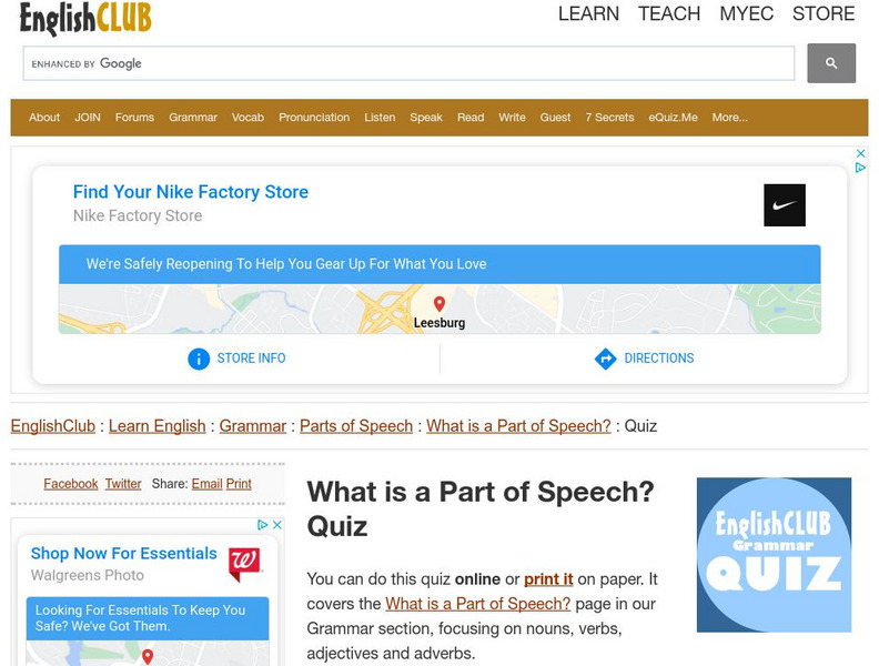 English Club: Learn English: Grammar: Grammar Quizzes: Parts of Speech Quiz Unknown Type English Club: Learn English: Grammar: Grammar Quizzes: Parts of Speech Quiz Unknown Type