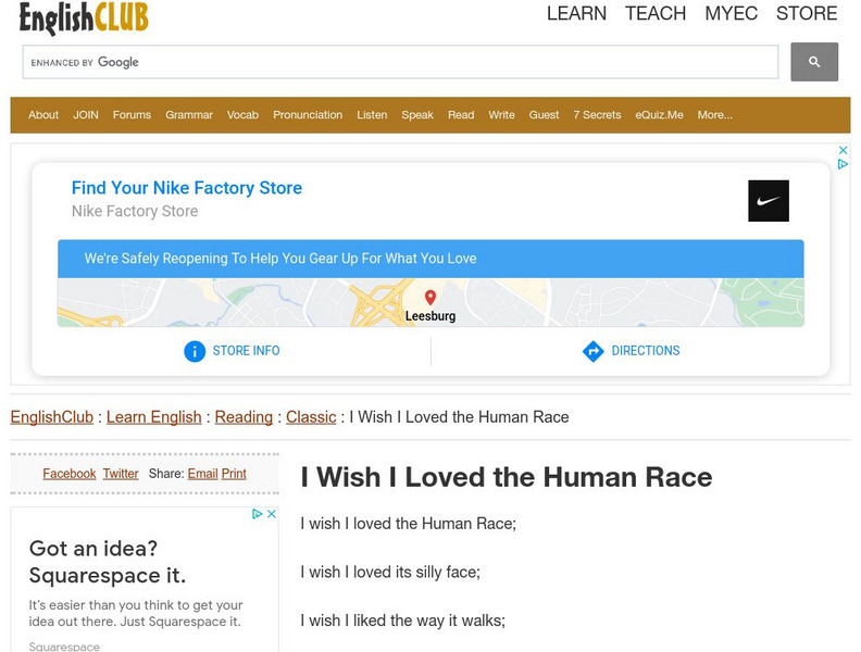 English Club: Learn English: Reading: I Wish I Loved the Human Race Primary English Club: Learn English: Reading: I Wish I Loved the Human Race Primary