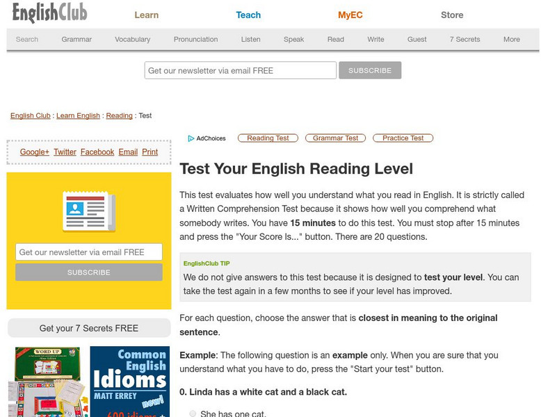 English Club: Test Your English Reading Level Unknown Type English Club: Test Your English Reading Level Unknown Type