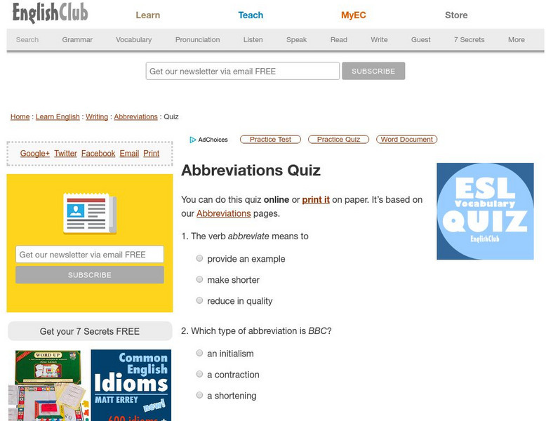 English Club: Abbreviations Quiz Unknown Type English Club: Abbreviations Quiz Unknown Type