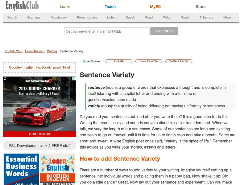 English Club: Sentence Variety Handout English Club: Sentence Variety Handout