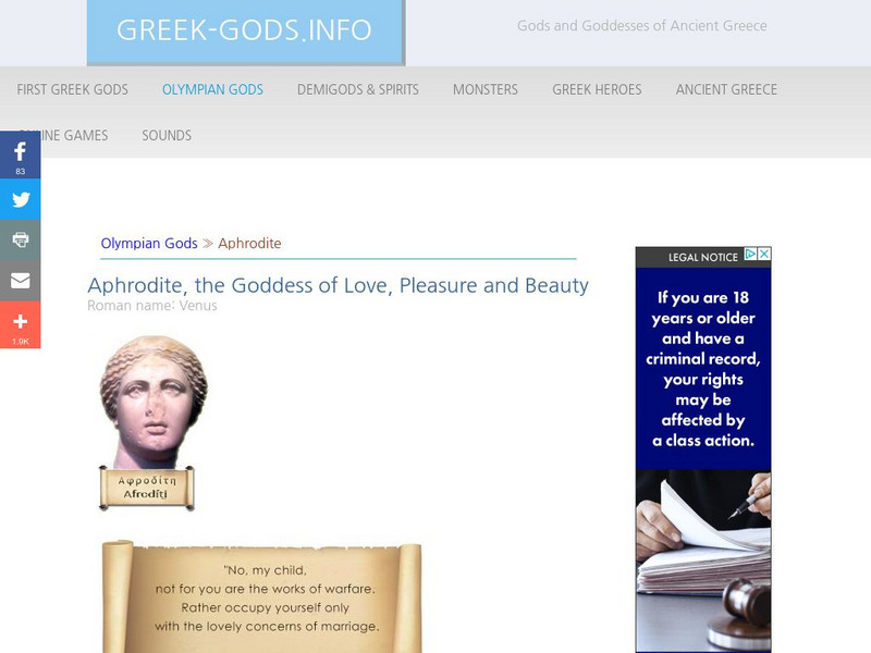 Greek Gods: Olympian Gods: Aphrodite Handout