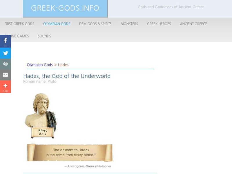 Greek Gods: Olympian Gods: Hades Handout Greek Gods: Olympian Gods: Hades Handout