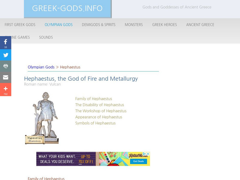 Greek Gods: Olympian Gods: Hephaestus Handout Greek Gods: Olympian Gods: Hephaestus Handout