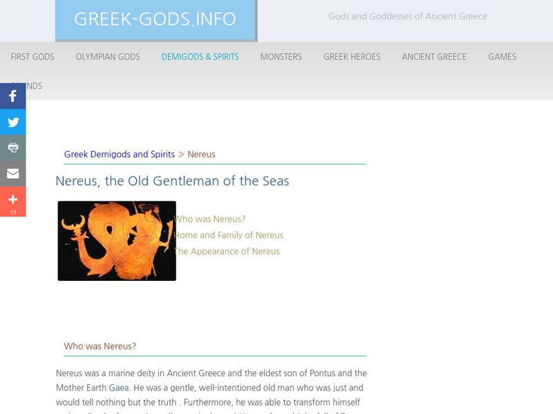 Greek Gods: Demigods & Spirits: Nereus, a Marine Deity Handout Greek Gods: Demigods & Spirits: Nereus, a Marine Deity Handout