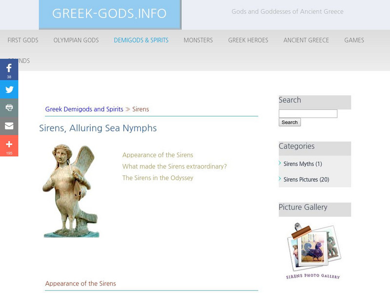 Greek Gods: Demigods & Spirits: Sirens, Special Singing Sea Nymphs Handout Greek Gods: Demigods & Spirits: Sirens, Special Singing Sea Nymphs Handout
