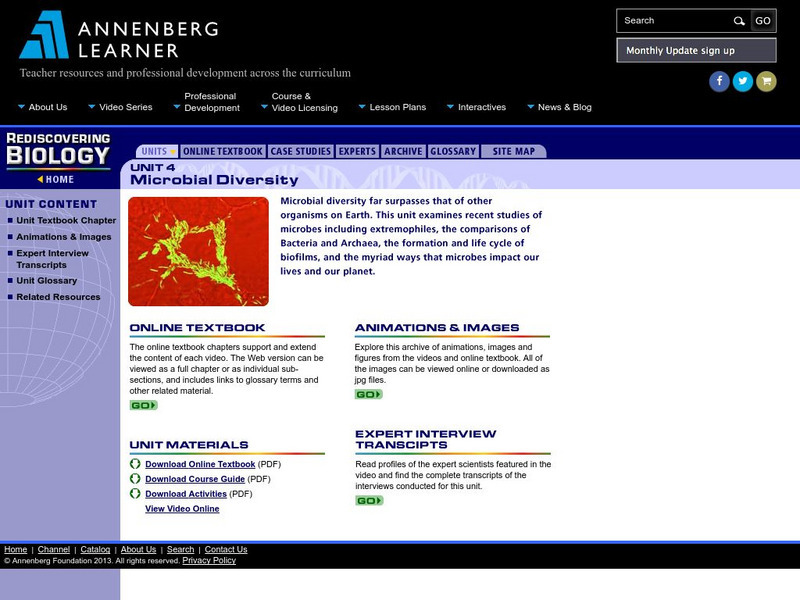 Annenberg Learner: Rediscovering Biology: Unit 4: Microbial Diversity Unit Plan Annenberg Learner: Rediscovering Biology: Unit 4: Microbial Diversity Unit Plan