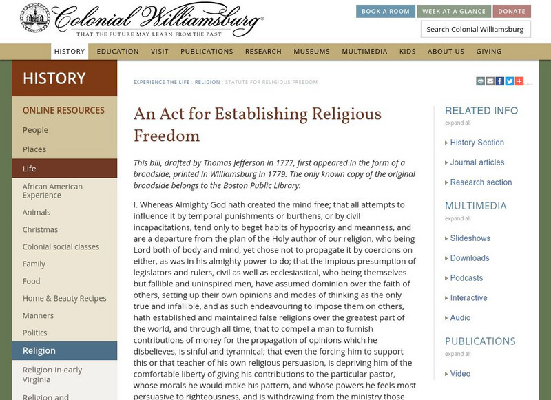 I Citizen Forum: Living Documents: Virginia Statute for Religious Freedom Primary