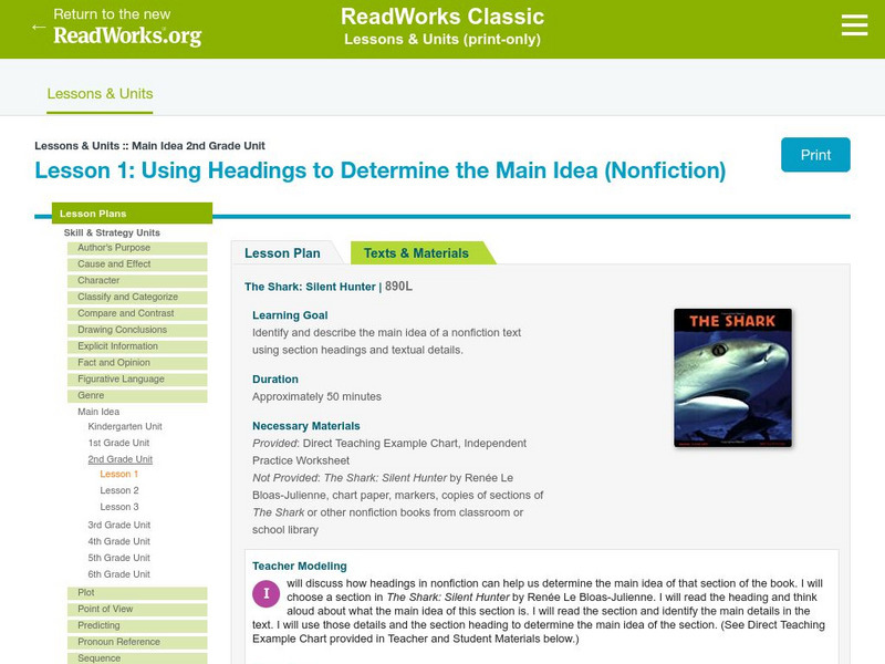 Read Works: Using Headings to Determine the Main Idea: The Shark: Silent Hunter Unit Plan Read Works: Using Headings to Determine the Main Idea: The Shark: Silent Hunter Unit Plan