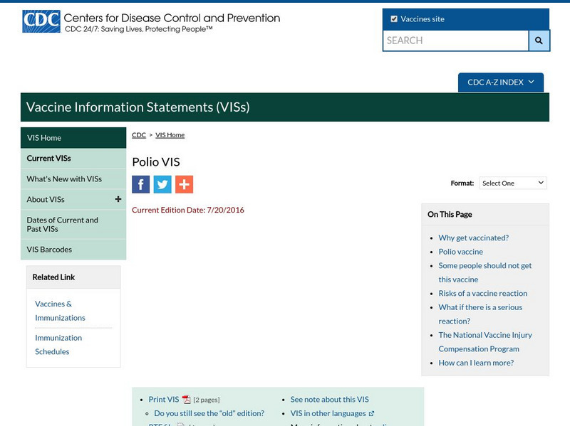 Centers for Disease Control: Polio Vaccine Handout Centers for Disease Control: Polio Vaccine Handout