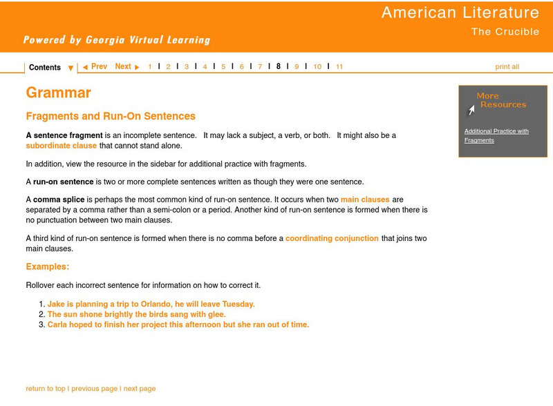 Ga Virtual Learning: The Crucible: Fragments and Run on Sentences Unit Plan Ga Virtual Learning: The Crucible: Fragments and Run on Sentences Unit Plan